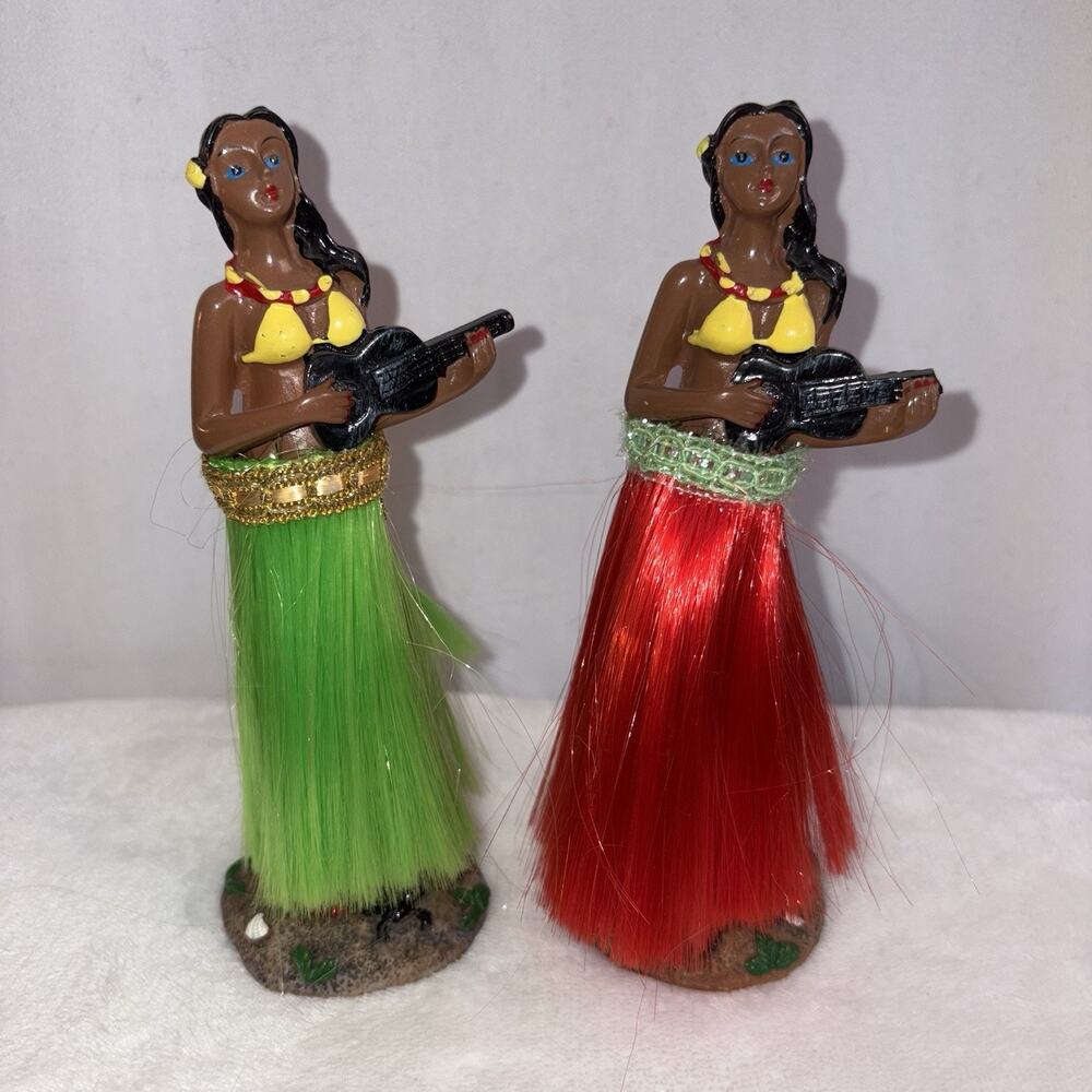 2 Hawaiian Hula Girl Ukulele Nodder Dashboard Figure Dancer Vintage
